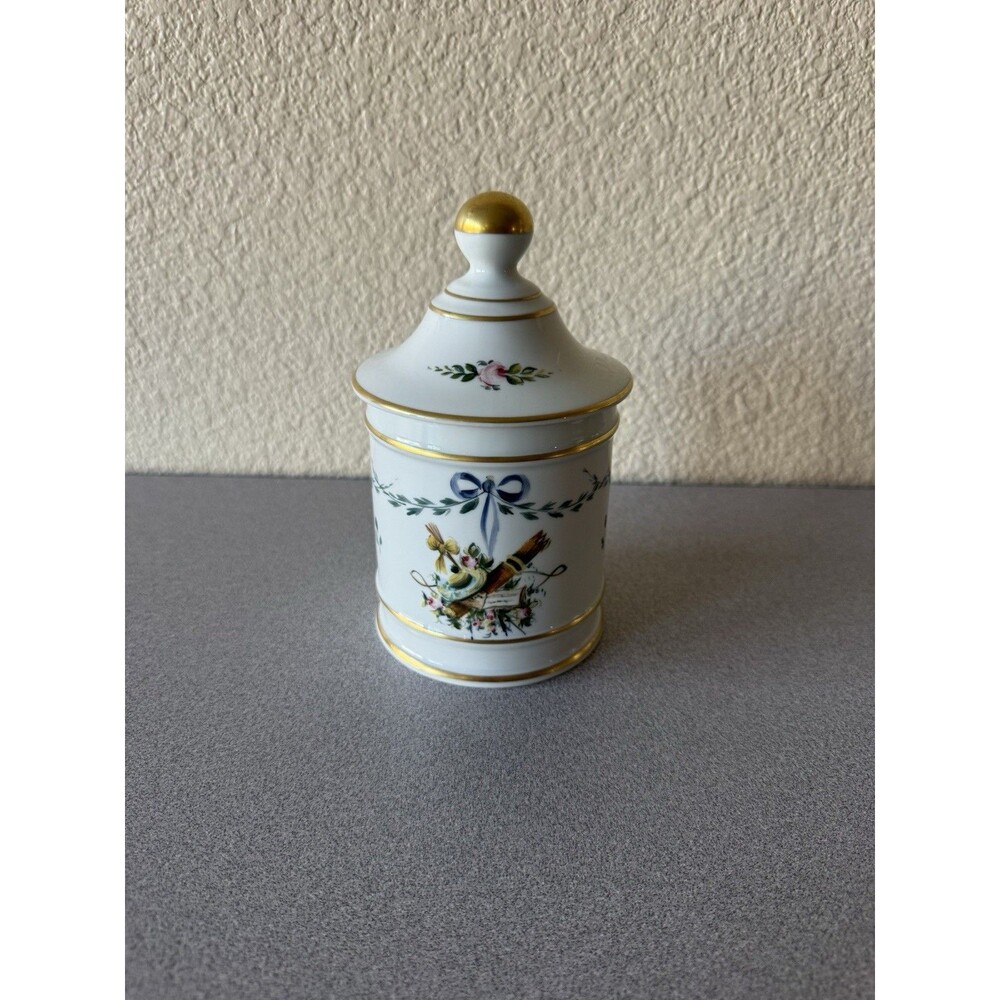 Vintage Neiman Marcus Hand Painted French Porcelain Lidded Jar Floral Gold Trim